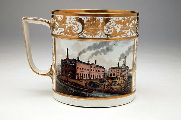 Porter Mug with an industrial scene depicting the Soho Foundry of Peel and Williams millwrights in Manchester, Derby, c. 1820 (porcelain)