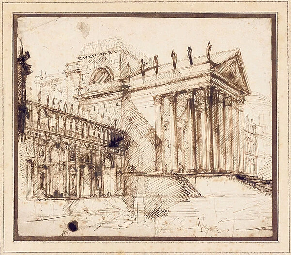 The Portico and Facade of an Elaborate Neo-Classical Building (pen and brown ink)