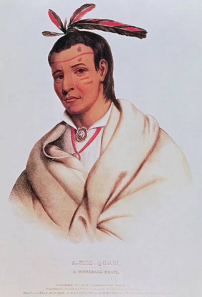 Portrait of A-Mis-Quam, a winnebago brave (coloured engraving)
