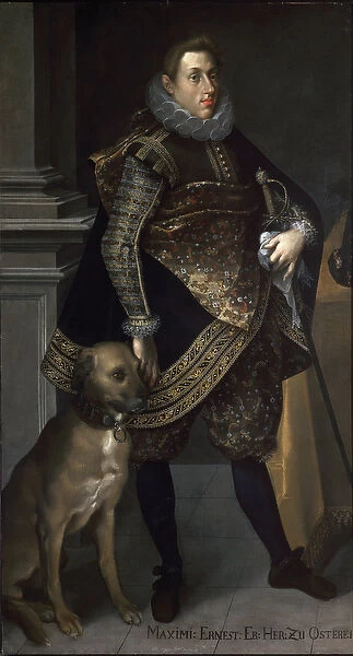 Portrait of Archduke Ernest of Austria, with his hunting dog (Painting, 16th century)