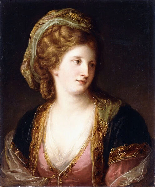 Portrait of the Artist, bust length, wearing a Pink Dress