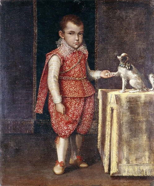 Portrait of a Boy, full-length, wearing a silver-embroidered red costume