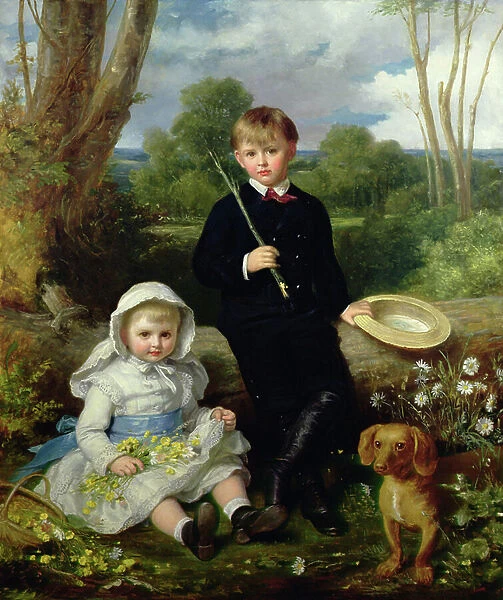 Portrait of a Brother and Sister with their Pet Dog in a Wooded Landscape
