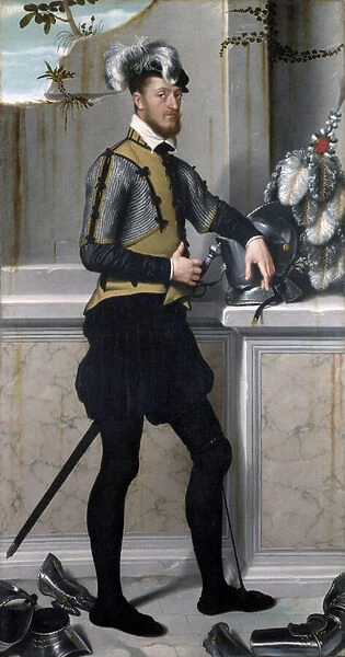 'Portrait de chevalier posant appuye sur le casque de son armure'Portrait presume du comte Faustino Avogadro surnomme le chevalier au pied blesse, il porte une attelle au genou pour soulager son pied tombant