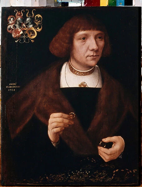 Portrait d homme avec anneaux. Male portrait with Rings. Peinture de Jacob van Utrecht (vers 1479-apres 1525), 1524. Art Pays Bas de la Renaissance. Huile sur bois, Musee de l Ermitage, Saint Petersbourg