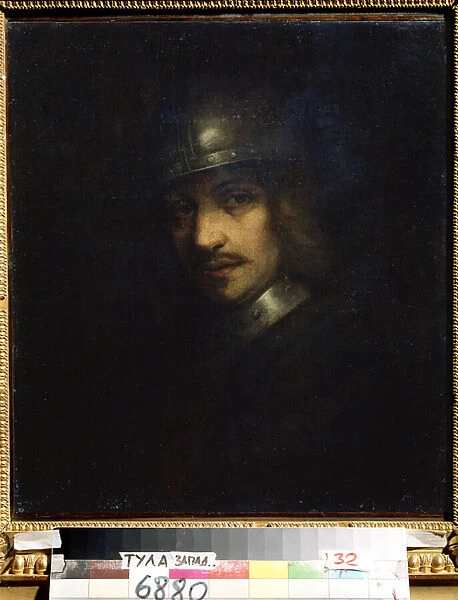 'Portrait d homme coiffe d un casque d armure'(Portrait of a man with helmet) Peinture de Ferdinand Bol (1616-1680) 17eme siecle State Art Museum, Toula, Russie