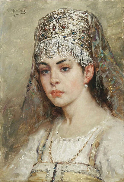 Portrait d une femme boyard (boiard, boiar) : elle est vetue d une robe sarafane et a un kokochnik sur la tete, une coiffure traditionnelle - Peinture de Konstantin Yegorovich Makovsky (Constantin Makovski) (1839-1915)
