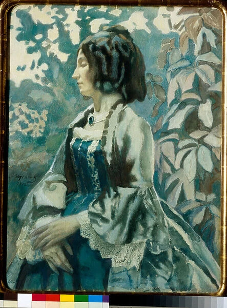 Portrait d une femme, les yeux fermes, pensive, vetue d une robe a crinoline - Oeuvre de Viktor (Victor) Elpidiforovich Borisov-Musatov (Borisov Musatov) (1870-1905)
