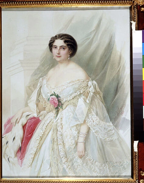 'Portrait de dame a la cape de fourrure'Elle est vetue d une robe blanche avec des rubans, des boucles d oreilles et des bracelets. Aquarelle de Vladimir Hau (Gau) (1816-1895) 1860 Collection privee