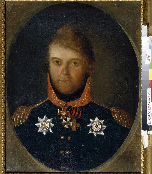 Portrait Dmitry Petrovich Neverovsky (1771-1813). Officier militaire russe, il est vetu de son uniforme et ses medailles honorifiques dont la croix de Saint George (croix blanche avec ruban orange et noir)