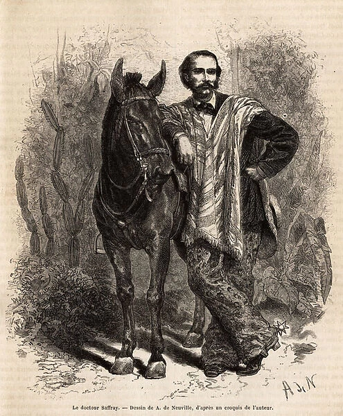 Portrait of Dr. Saffray, arms on his mount, in travel dress