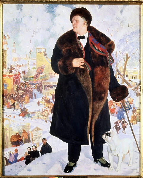 Portrait du chanteur Feodor (Fiodor, Fedor) I. Chaliapin (Chaliapine) (1873-1938) (Portrait of the singer F. I. Shalyapin). En manteau et toque de fourrure, accompagne d un bouledogue qui le devisage
