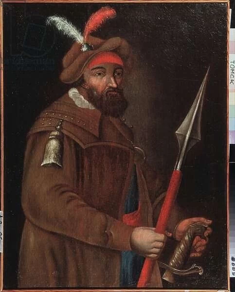 Portrait du chef cosaque Yermak Timofeyevitch (ne entre 1532 et 1542-1585), conquerant de la Siberie. Peinture anonyme, huile sur toile, debut 18e siecle. State Art Museum, Tomsk (Russie)