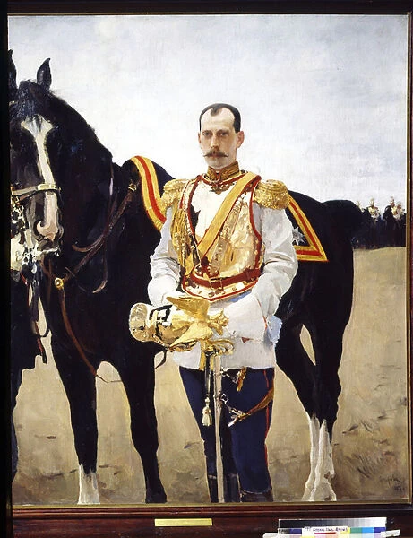 Portrait du grand duc Paul Alexandrovich de Russie (1860-1919). (Portrait of the Grand Duke Paul Alexandrovich of Russia). En uniforme d officier de la cavalerie de l armee imperiale de Russie, pres de son cheval
