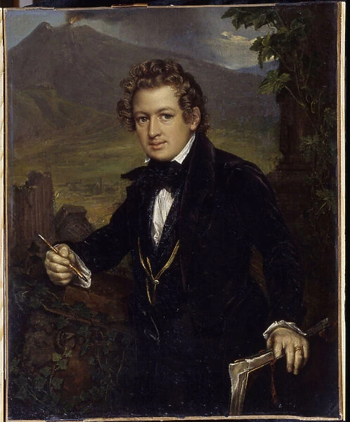 Portrait du peintre Karl Pavlovich Briullov (Brioullov) (1799-1852). Portrait of The painter K. P. Briullov). Represente devant un volcan, le peintre tient un porte mine et son carton a dessin