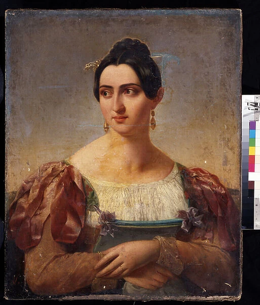 'Portrait de femme'(Female portrait) Jeune femme de la noblesse italienne, vetue d une robe avec rubans aux epaules. Peinture de l ecole italienne du debut du 19eme siecle. Musee Pouchkine, Moscou