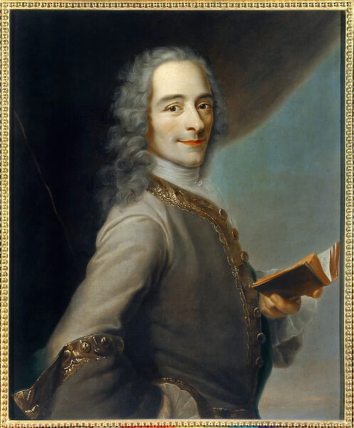 Portrait of Francois Marie Arouet dit Voltaire (1694-1778) holding a copy of '
