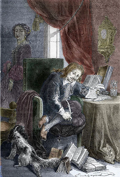 Portrait of the French writer Paul Scarron (1610-1660) author of burlesque comedies, he is represented on an invalid chair, his wife Francoise d'Aubigne (who became Marquise de Maintenon) (1635-1719)