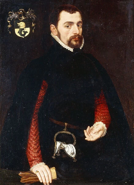 Portrait of a Gentleman aged 28, three-quarter length, in a black doublet with red