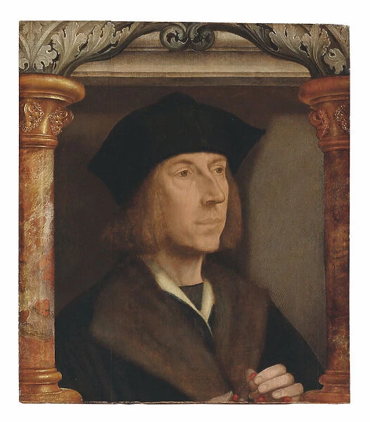 Portrait of gentleman, bust-length, in a fur-lined coat, telling a rosary