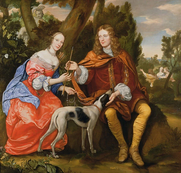 Portrait of a Gentleman and his Wife Holding an Arrow, Seated with their Dog
