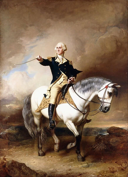 Portrait of George Washington taking the Salute at Trenton, (oil on canvas)