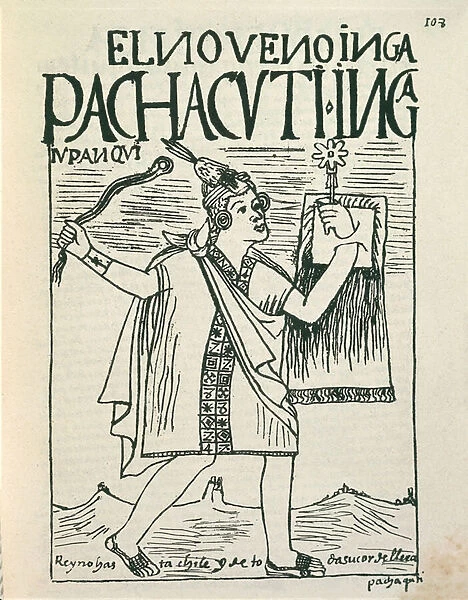 Portrait of great inca emperor Pachacutec (Ink drawing, 16th century)