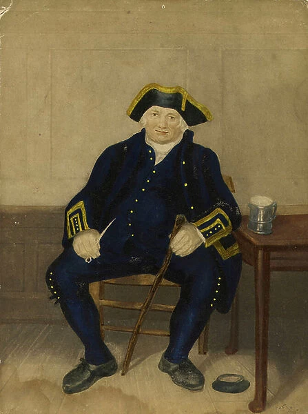 Portrait of Greenwich Pensioner, seated with clay pipe and tankard (aquatint)