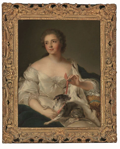 Portrait of Henriette Nicole (nee d Egmont Pignatelli), Duchesse de Luynes (1719-1782) with her dog (oil on canvas)