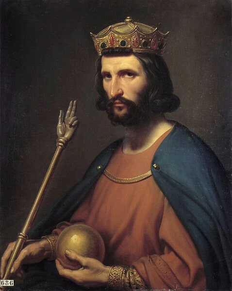 Portrait of Hugues Capet (941-996) king of France in 987 He holds in hand a globe