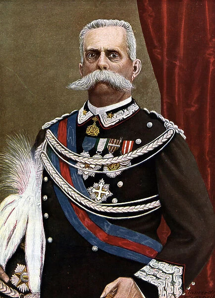 Portrait of Humbert I King of Italy (Umberto I) (1844-1900) Illustration by Tancredi Scarpelli (1866-1937) from 'Storia d Italia'(History of Italy) by Paolo Giudici, 1930 Private collection