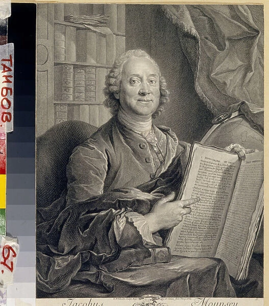 Portrait de James Mounsey (1709-1773) - Oeuvre de Georg Friedrich Schmidt (1712-1775), gravure (26, 6x37, 6 cm), 1762 - (Portrait of James Mounsey, Copper engraving by G. F. Schmidt, 1762) - Regional Art Gallery, Tambov