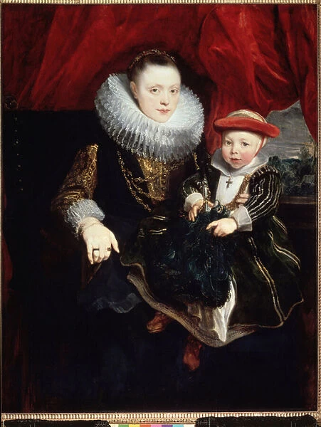 'Portrait de jeune femme avec son enfant'(Portrait of a Young Woman with a Child) (elle porte une fraise) Peinture de Sir Anthonis (Anton ou Antoon) van Dyck (1599-1641) 1618 Dim