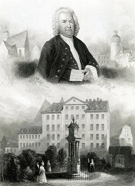 Portrait of Johann Sebastian Bach (1685-1750) and Monument, 1850 (engraving)