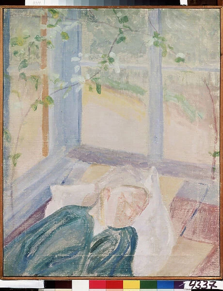 Portrait de l artiste Elena (Yelena) Guro (1877-1913), femme du peintre (Portrait of the artist Y. Guro, artists wife). Representee endormie sous les fenetres de la terrasse, portant une blouse et coiffee d un foulard