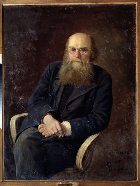 Portrait de l ecrivain Nikolay N. Zlatovratsky (1845-1911) (Portrait of the Author N. N. Zlatovratsky). Peinture de Nikolai Karlovich Grandkovsky (1864-1907), huile sur toile, 1894, art russe du 19e siecle. Local Heritage Museum, Volsk (Russie)
