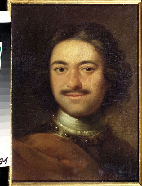 Portrait de l empereur Pierre I le Grand (1672-1725) (Portrait of the emperor Peter I the Great). Peinture anonyme. Huile sur toile, 48, 5 x 37 cm, debut 18e siecle. Classicisme. State Central Navy Museum, Saint Petersbourg