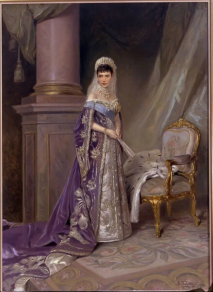 Portrait de l imperatrice Marie Fiodorovna, princesse Dagmar du Danemark (1847-1928). Peinture de Vladimir Yegorovich Makovski (Makovsky, Makovskij) (1846-1920), 1912. Art russe, 20e siecle. State History Museum, Moscou