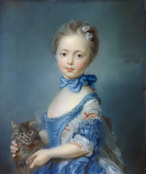 Portrait de la jeune fille au chat'Painting au pastel by Jean-Baptiste