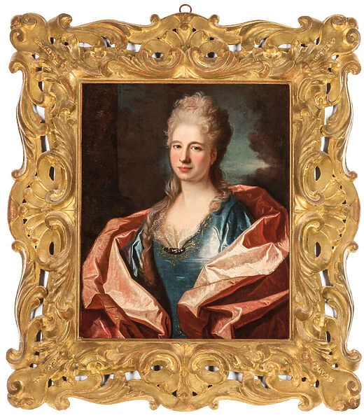Portrait of a lady, bust-length, in a blue silk dress trimmed with lace