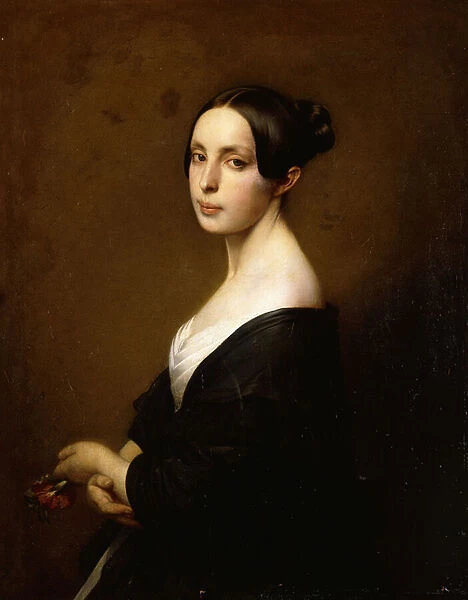 Portrait of a Lady, Half Length Wearing a Black Dress and Holding a Carnation