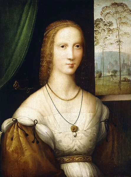 Portrait of a Lady, half-length, wearing a white dress with gold sleeves (oil on panel)