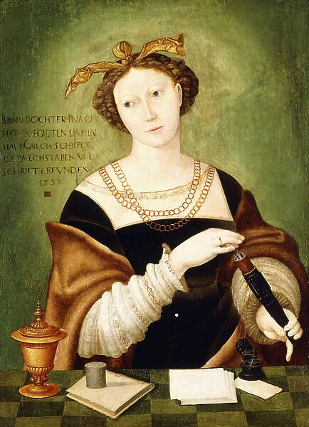 Portrait of a Lady, helf-length, holding a case of quills before a ledge, (oil on panel)