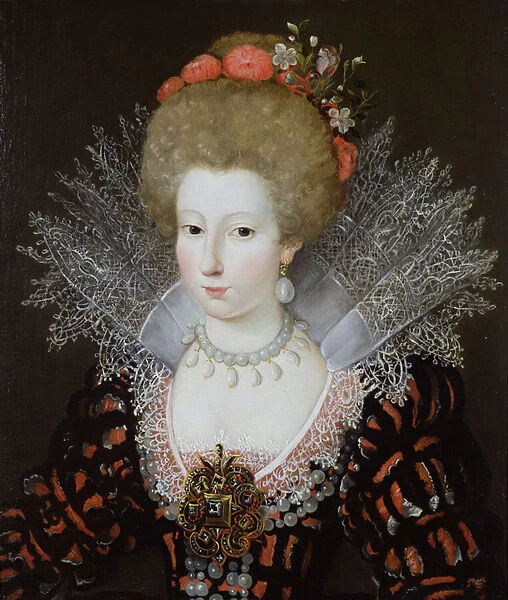 Portrait of a lady in a high lace collar and jewelled silk costume, early 17th century