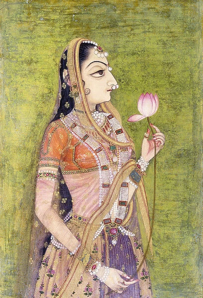 Portrait of a Lady Holding a Lotus, c. 1740-1750 (w  /  c on pink coloured paper)
