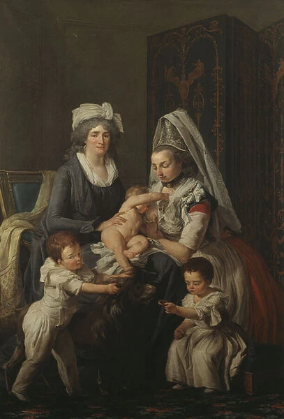 Portrait of a Lady, in an interior with her nurse and three children, (oil on canvas)