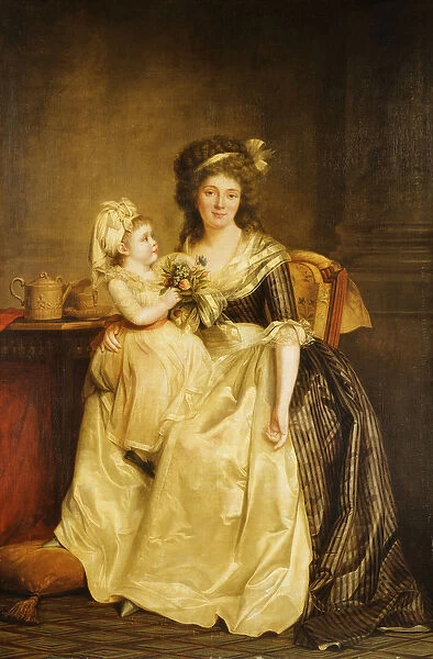 Portrait of a Lady, seated full-length by a table, with her daughter