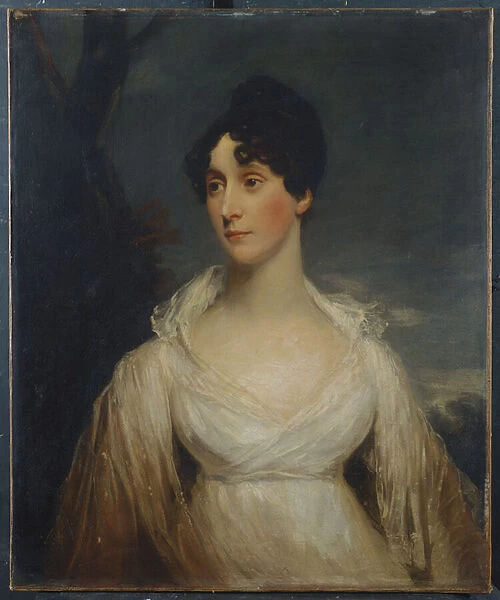 Portrait of a lady seated, half length, wearing a white dress (oil on canvas)