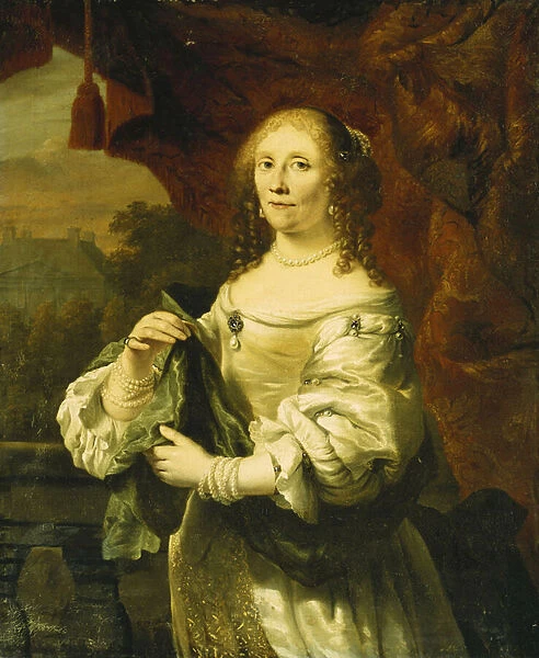 Portrait of a Lady, Standing Three-Quarter Length, Wearing a White Satin Dress Draped