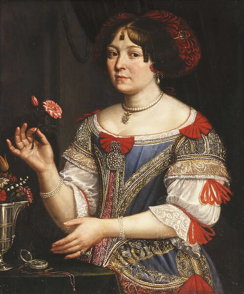 Portrait of a Lady, three-quarter length, in a Blue and Red Embroidered Dress